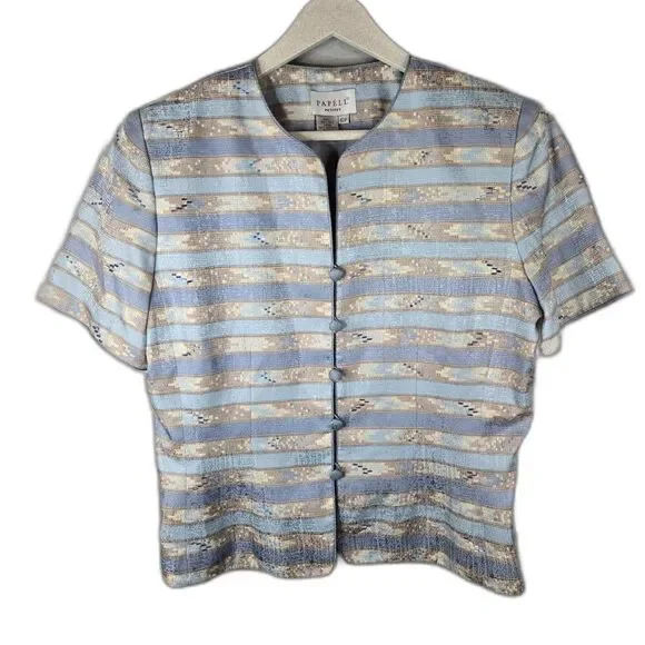 Adrianna Papell Women's 100% Silk Blue and Tan Short Sleeve Button Up Size 12P - Picture 1 of 6